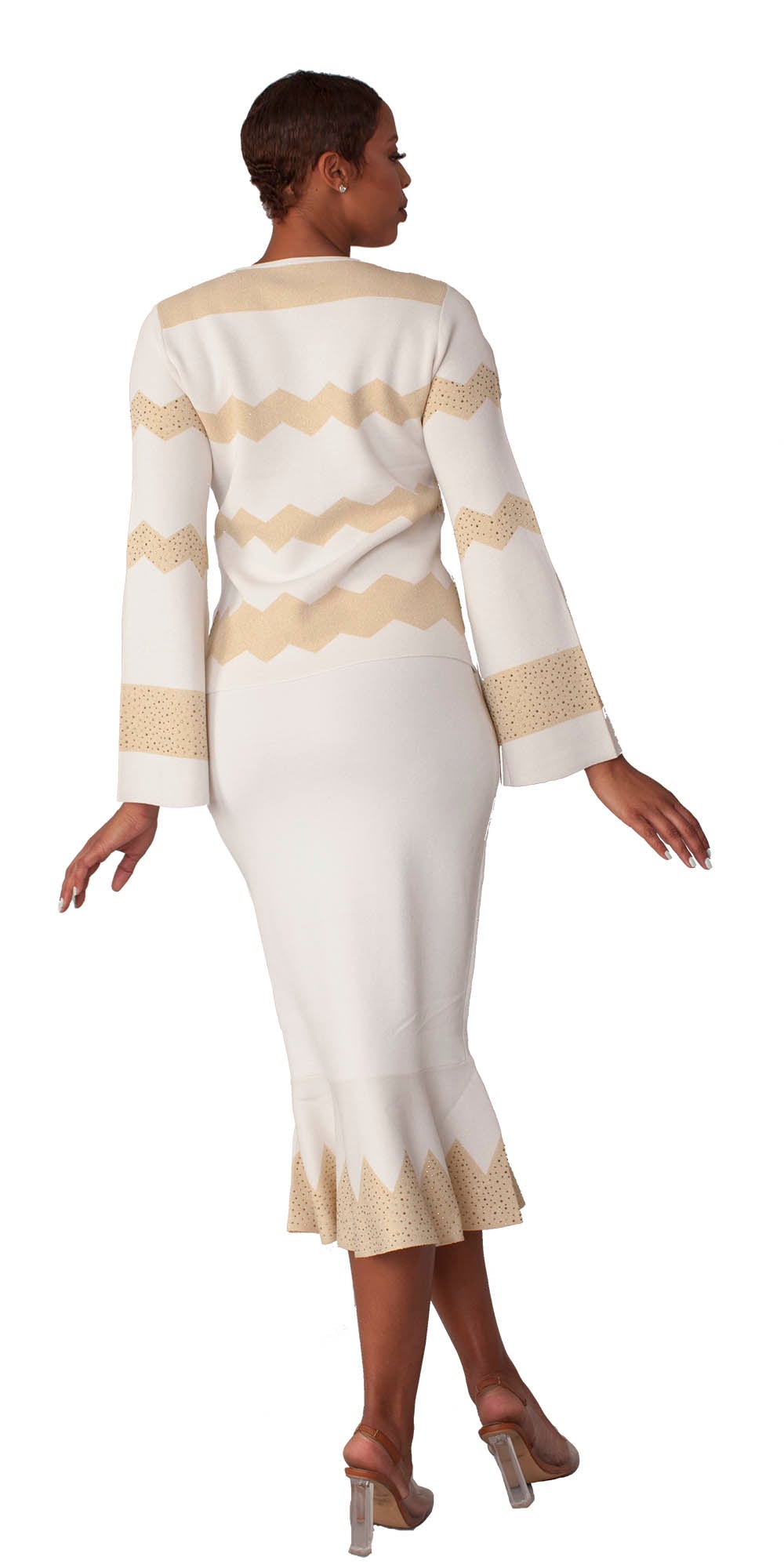 Kayla - 5323 - Ivory Gold - Embellished Knit Zig Zag 2pc Skirt Set