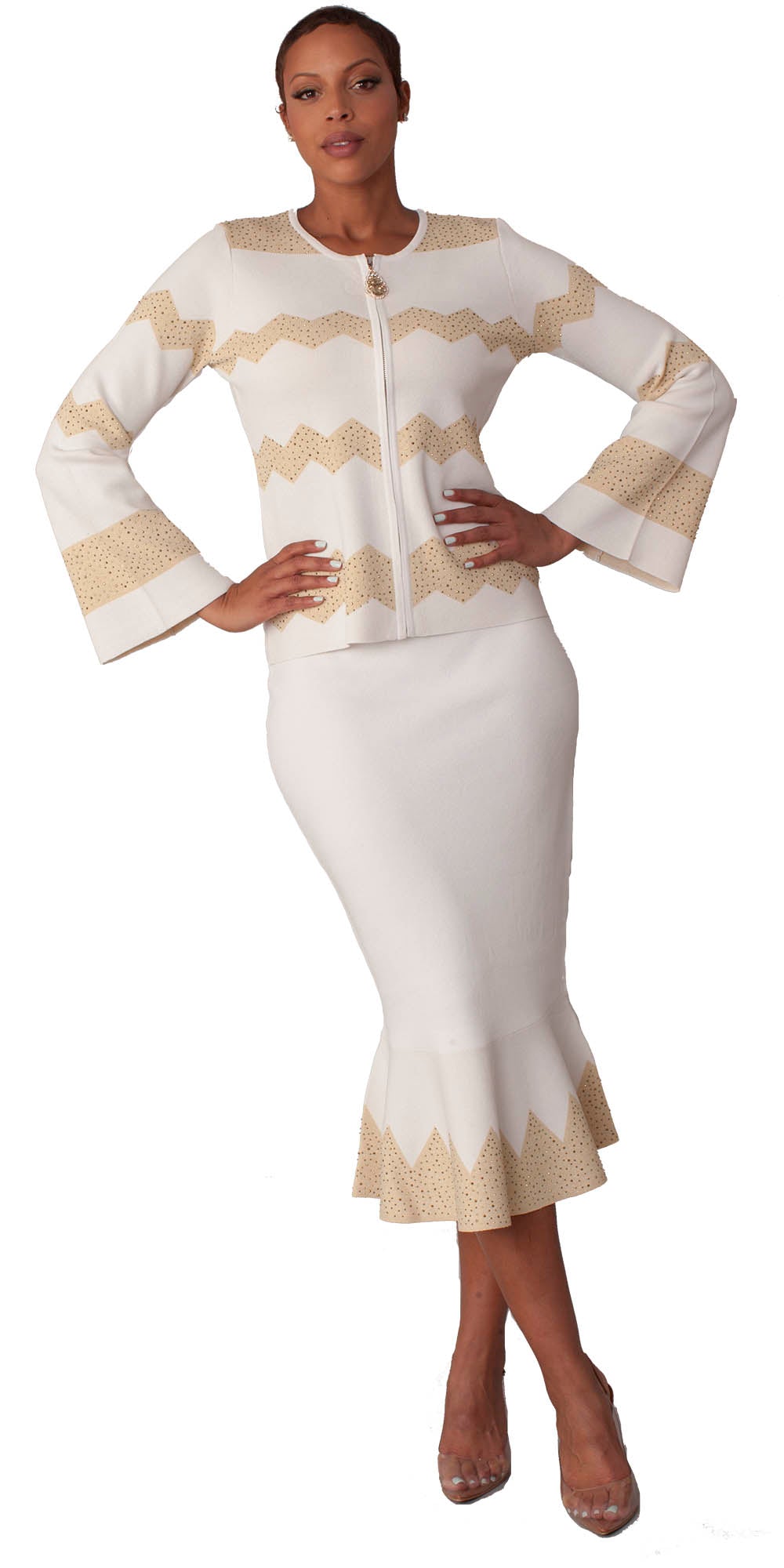 Kayla - 5323 - Ivory Gold - Embellished Knit Zig Zag 2pc Skirt Set