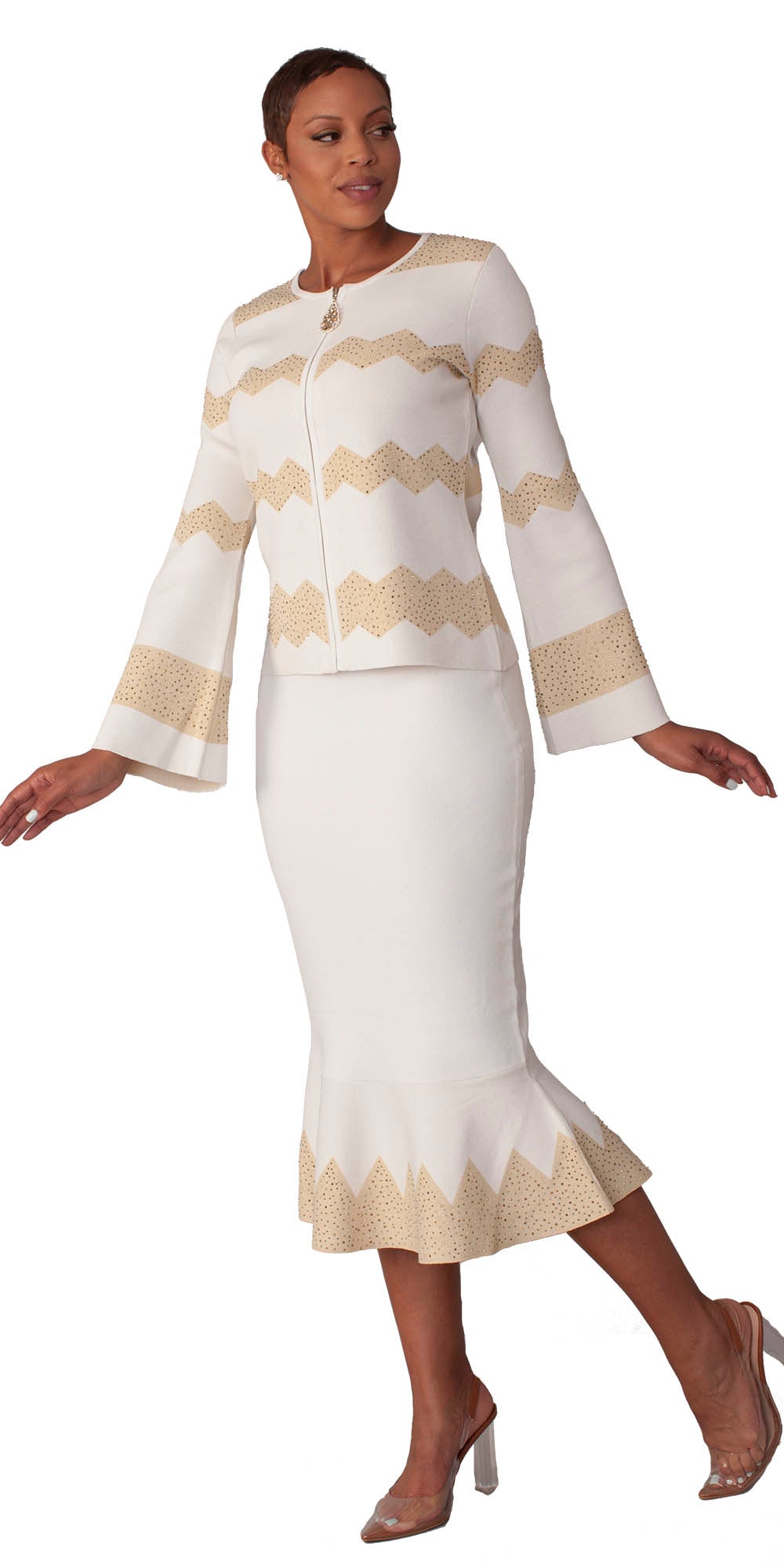 Kayla - 5323 - Ivory Gold - Embellished Knit Zig Zag 2pc Skirt Set