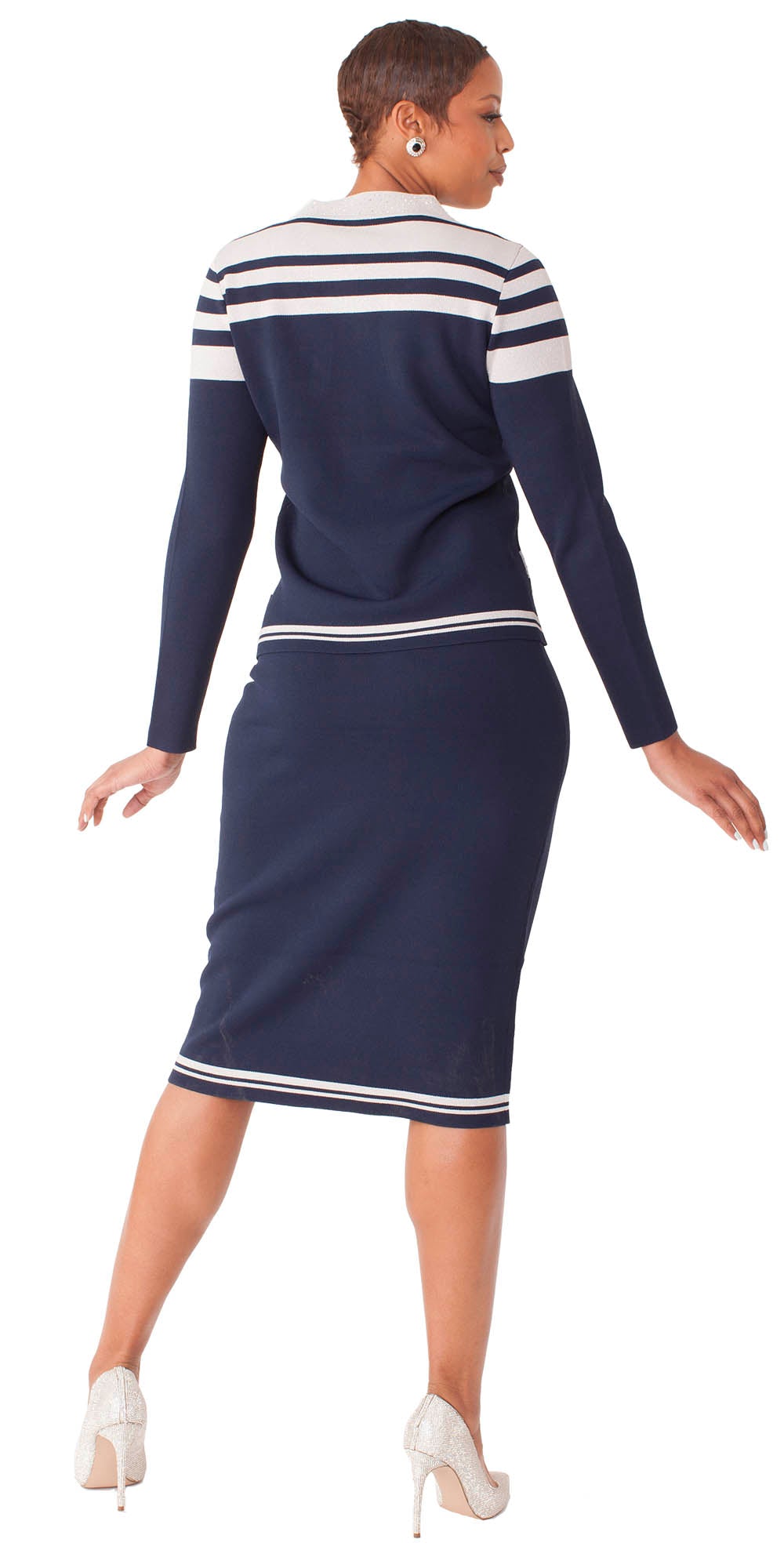 Kayla - 5324 - Navy Silver Print Knit Two-tone 2pc Skirt Set