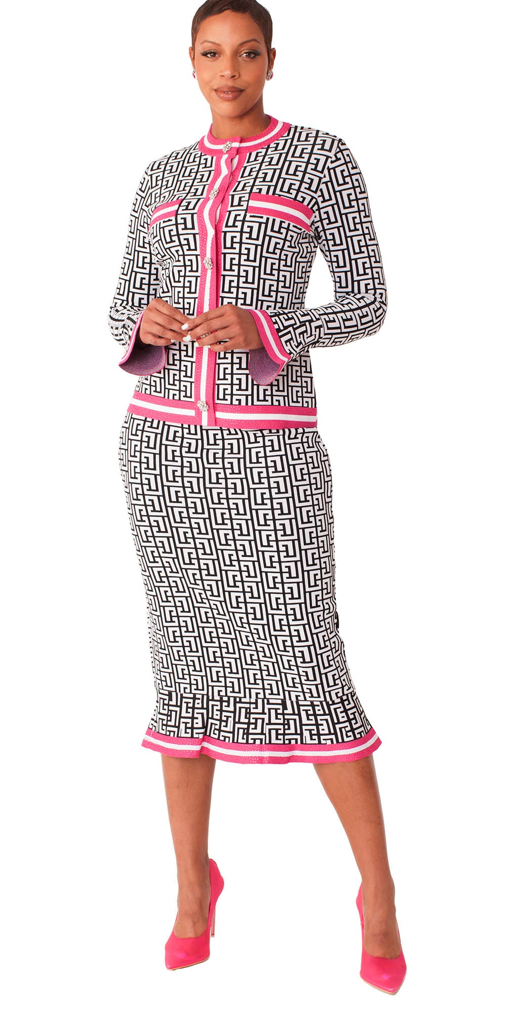 Kayla - 5331 - Black White Fuchsia - Print Knit 2pc Skirt Set