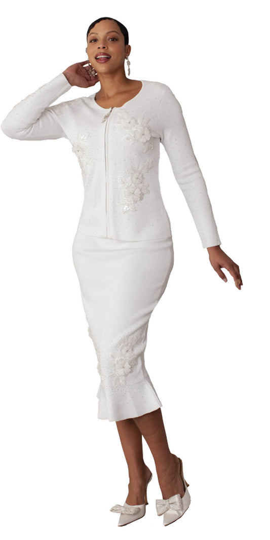 Kayla Knit 5346 - White - Skirt Set with Beaded Floral Embellishments