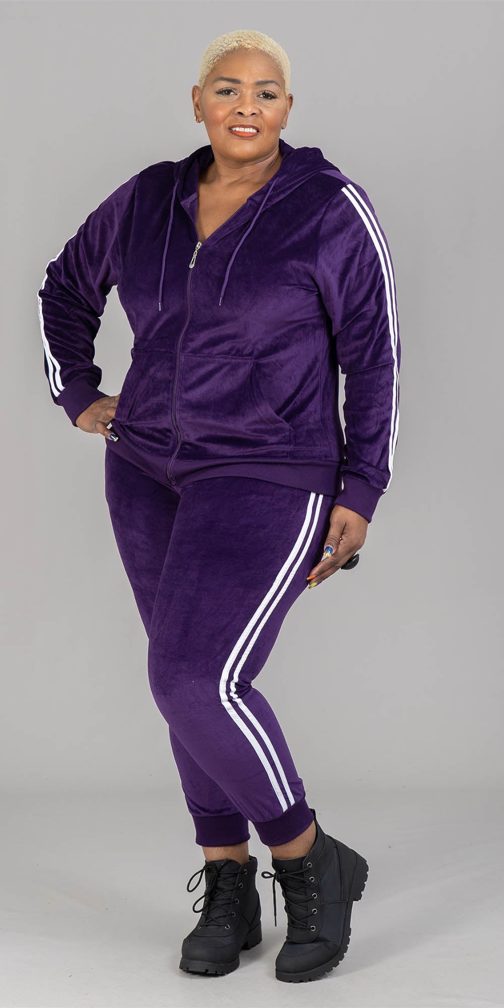 Lee Hanton LJS201X Purple - Stripe Trim Velour PlusSize 2pc Jog Set