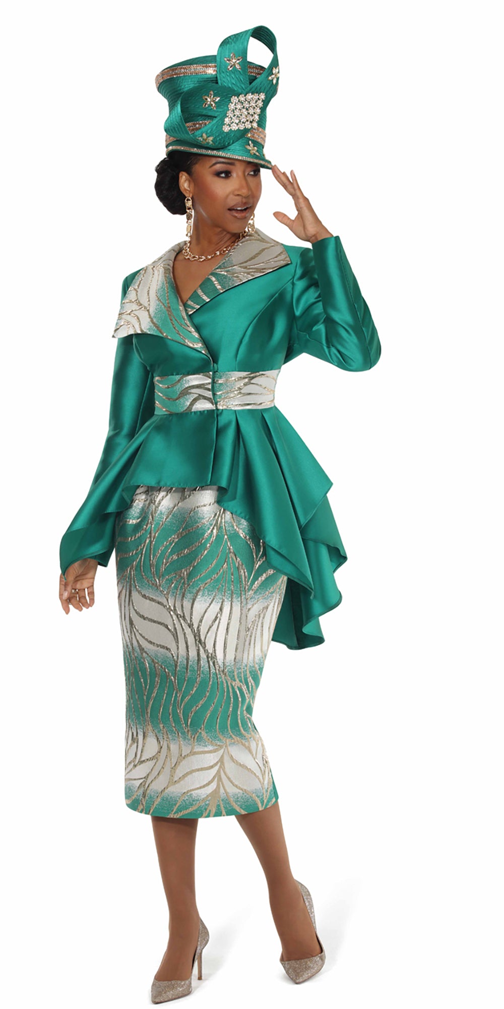 Lisa Rene 66980 - Green Multi - 2 pc Brocade Jacket and Skirt Set