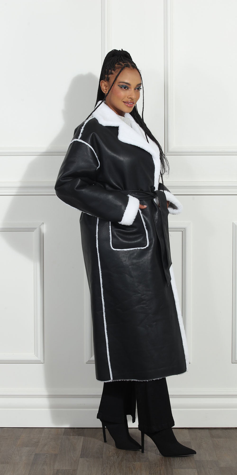 Luxe Moda LM258 - Black White - Faux Leather Coat