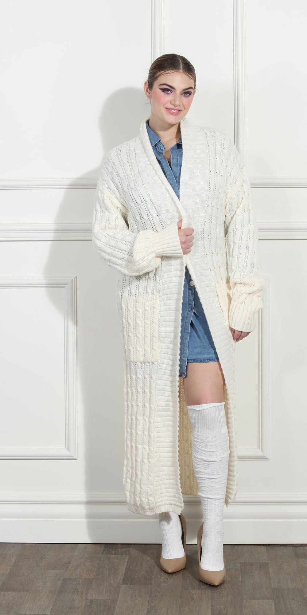 Luxe Moda LM260 - Beige - Long Knit Cardigan