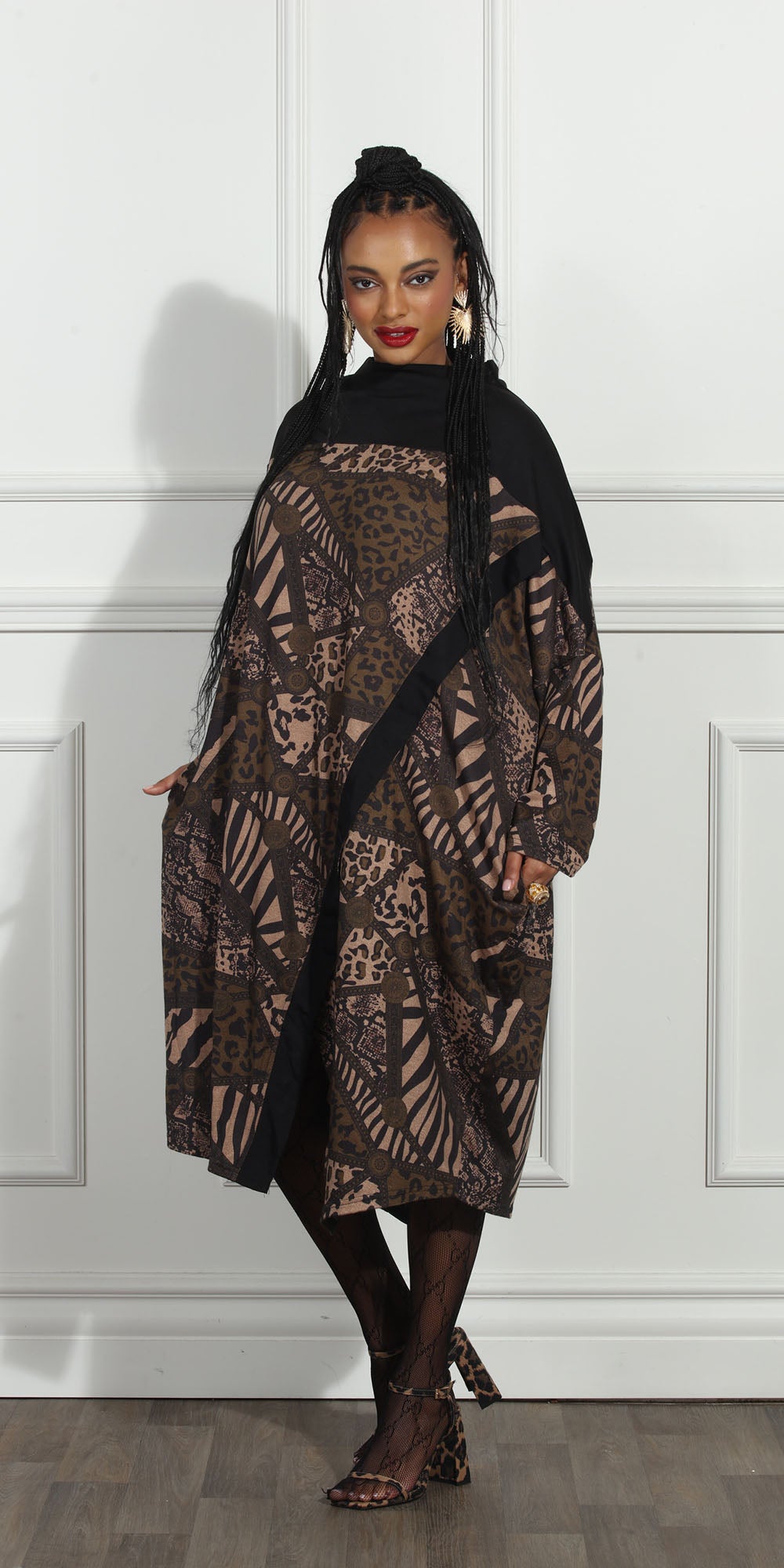 Luxe Moda LM262 - Black Coffee - Animal Print Knit Dress
