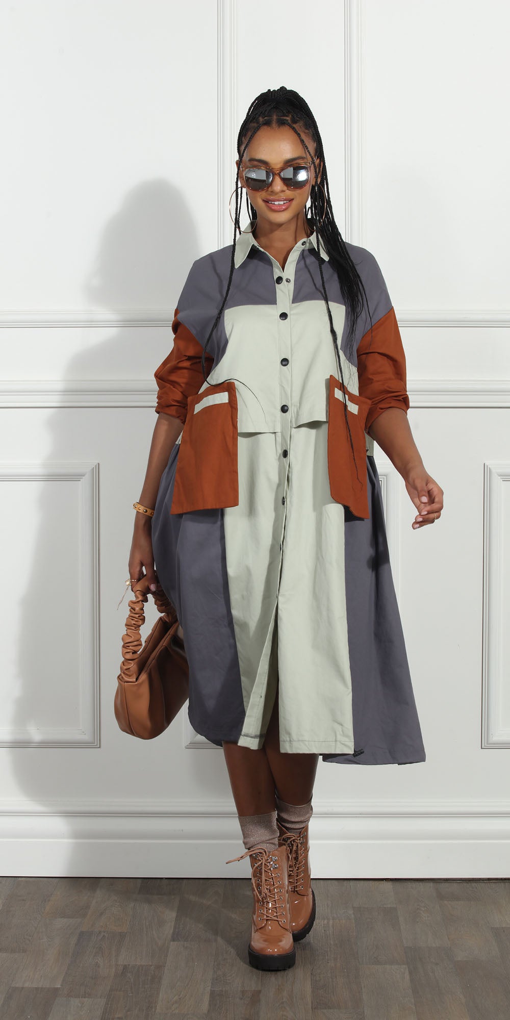 Luxe Moda LM263 - Silver Multi - Color-block Button Front Dress