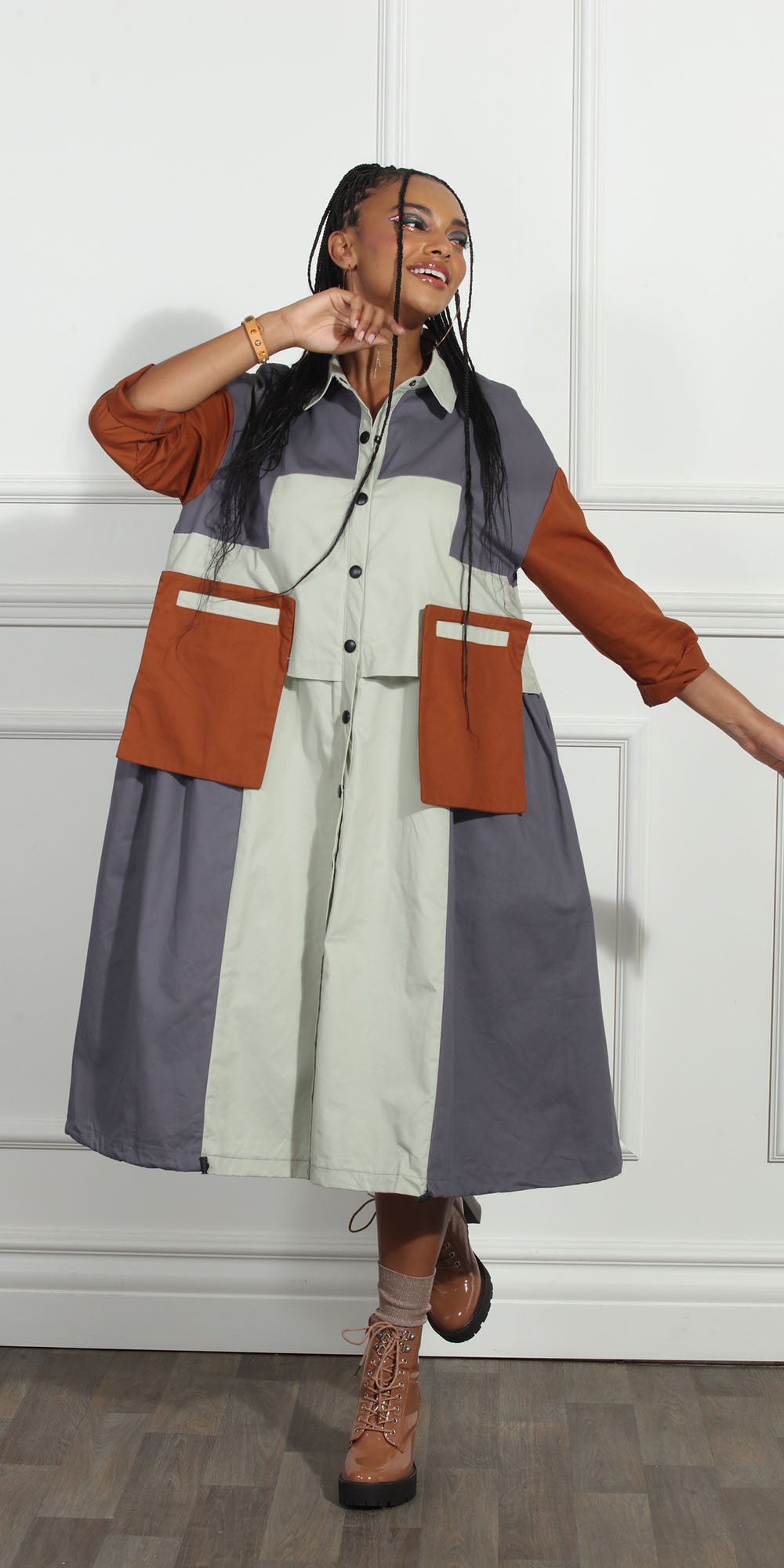 Luxe Moda LM263 - Silver Multi - Color-block Button Front Dress