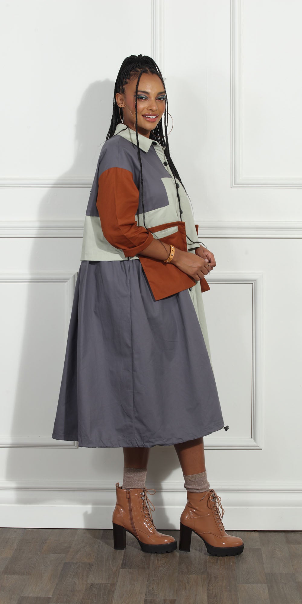 Luxe Moda LM263 - Silver Multi - Color-block Button Front Dress