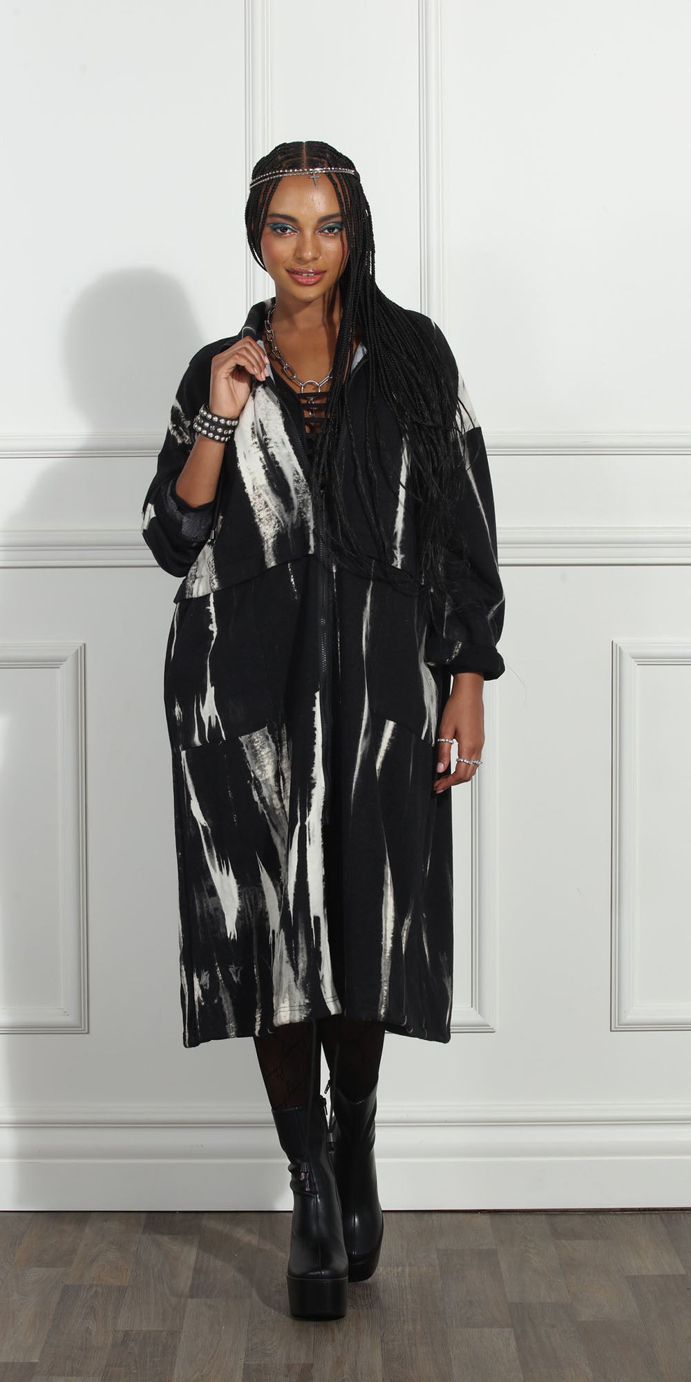 Luxe Moda LM264 - Black White - Brushstroke Print Coat