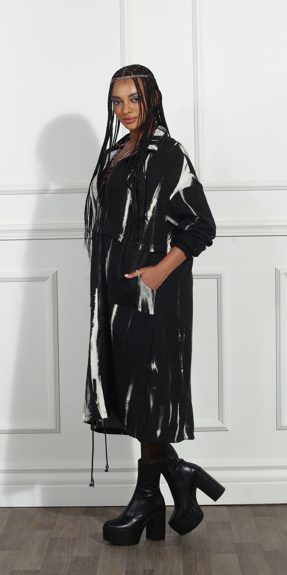 Luxe Moda LM264 - Black White - Brushstroke Print Coat