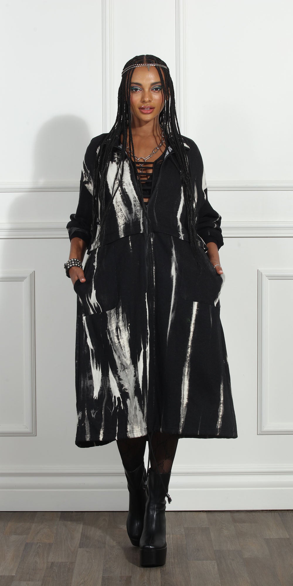 Luxe Moda LM264 - Black White - Brushstroke Print Coat