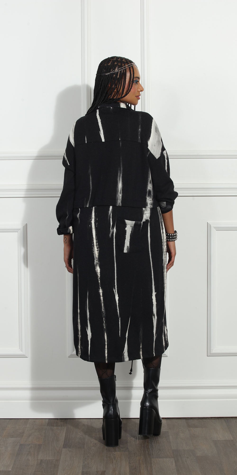 Luxe Moda LM264 - Black White - Brushstroke Print Coat