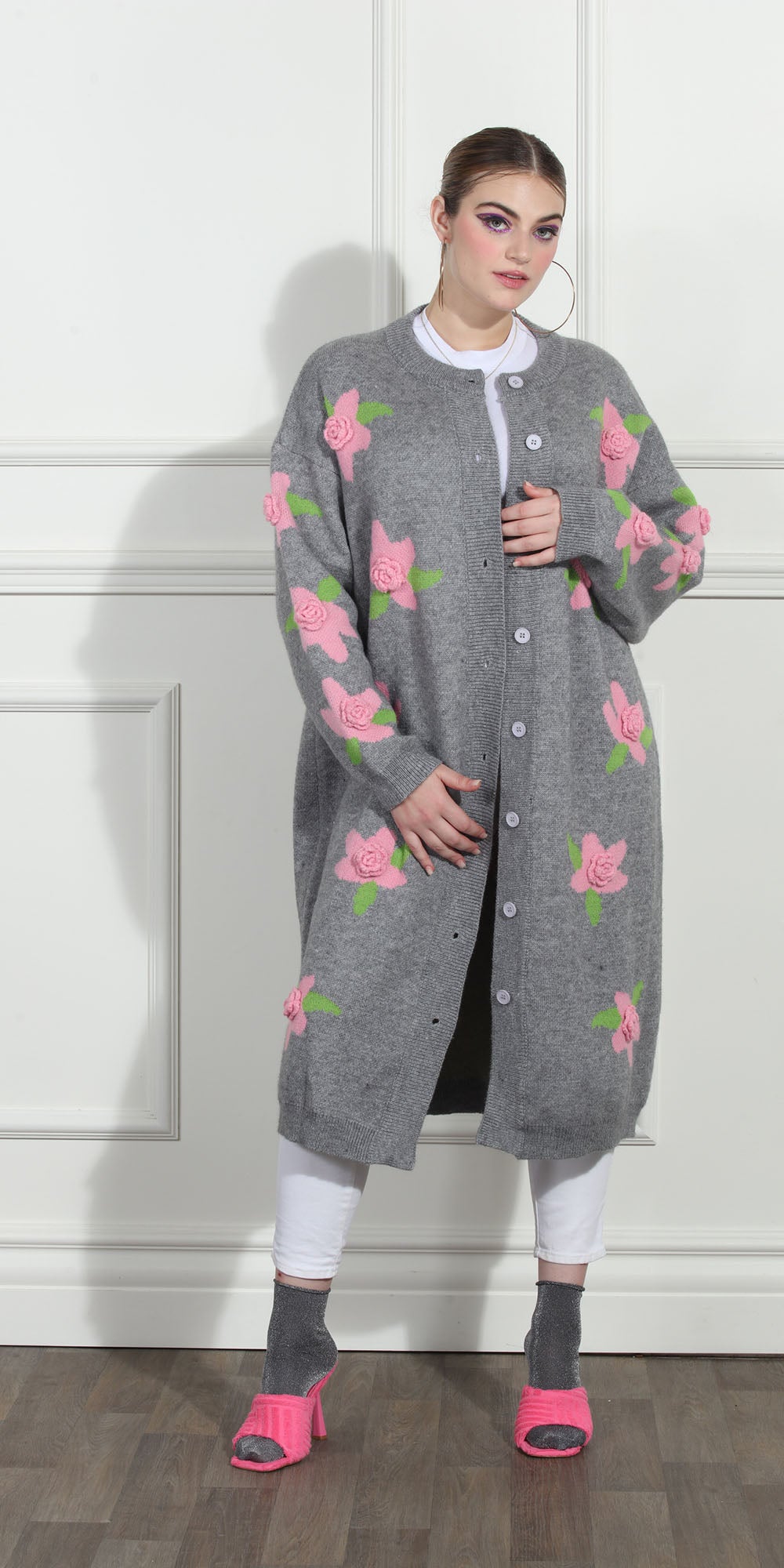 Luxe Moda LM265 - Silver Pink - Rose Knit Button Coat