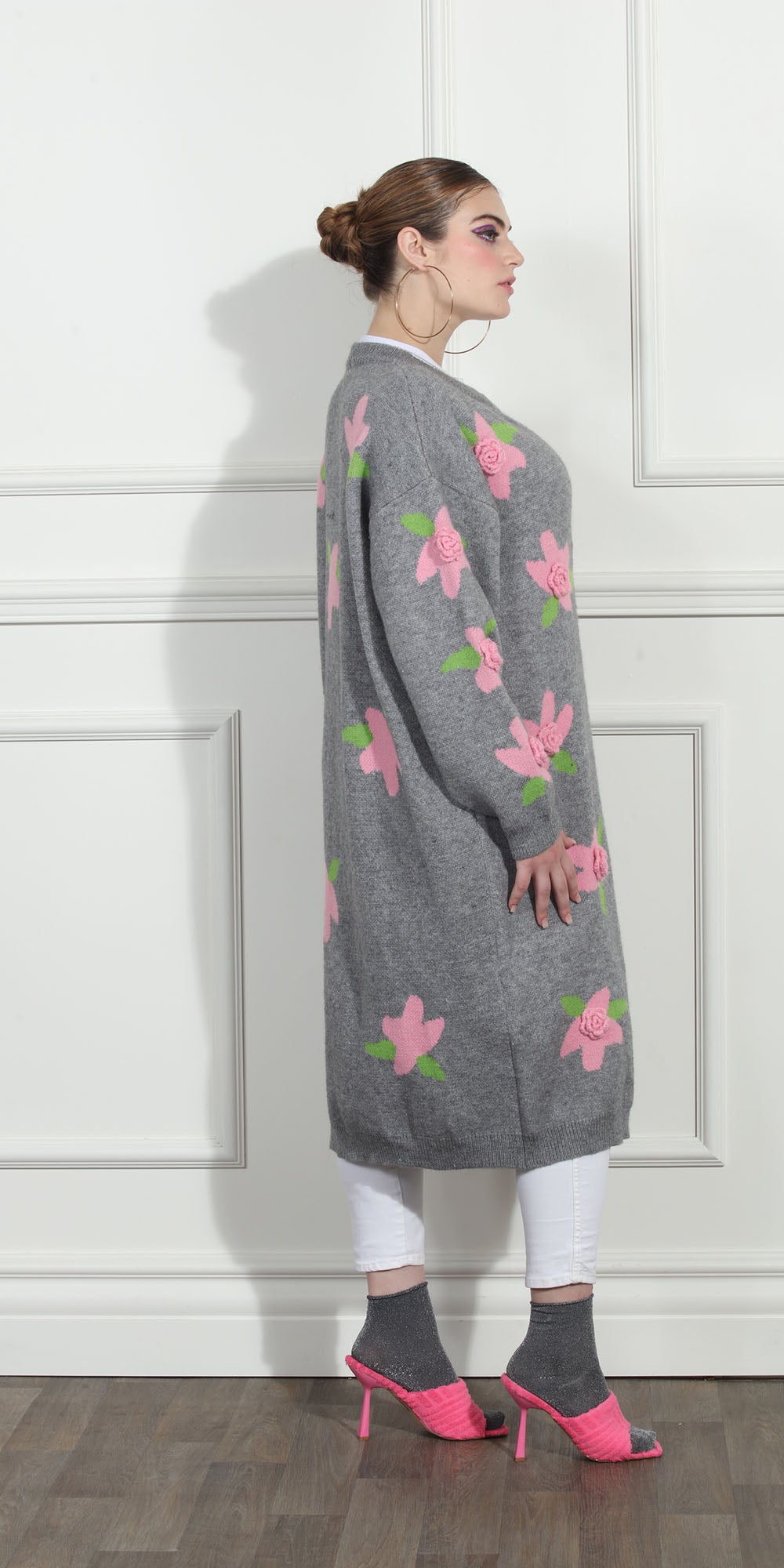 Luxe Moda LM265 - Silver Pink - Rose Knit Button Coat