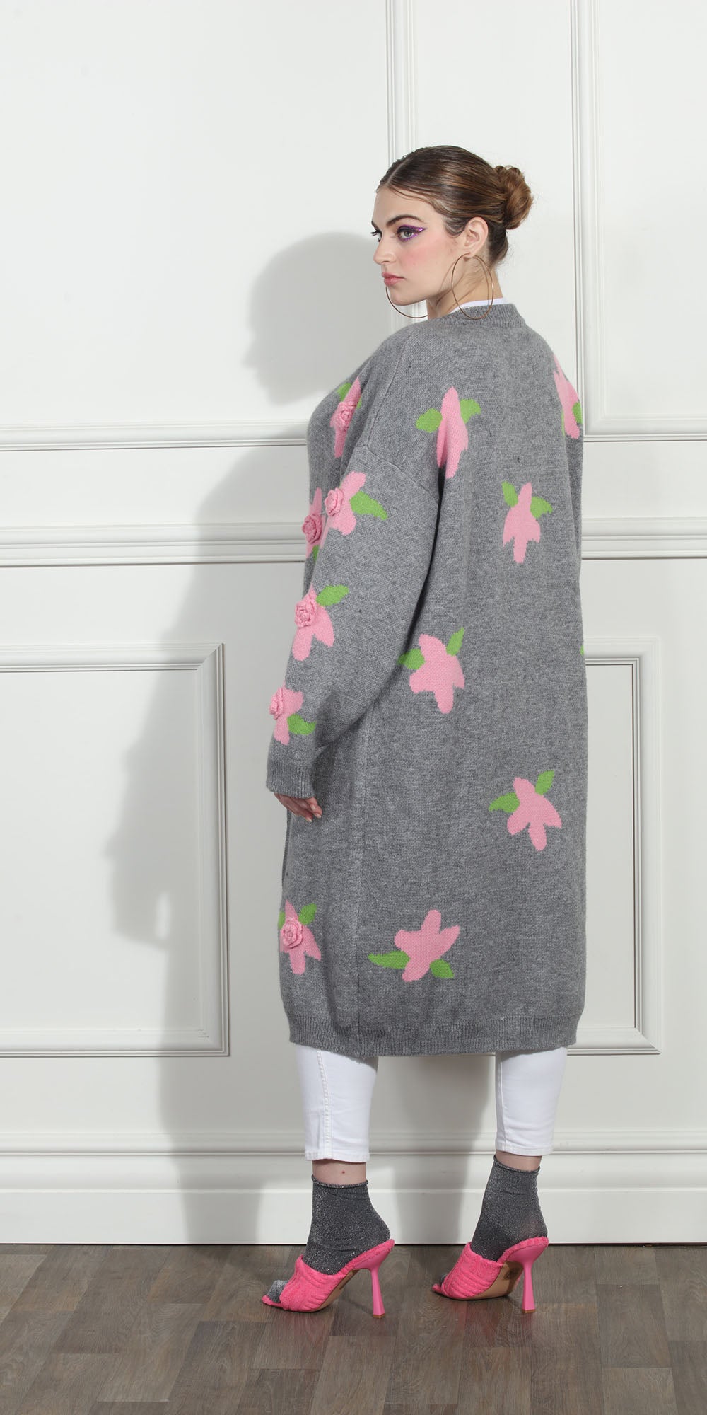 Luxe Moda LM265 - Silver Pink - Rose Knit Button Coat
