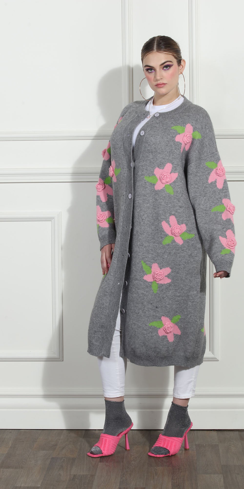 Luxe Moda LM265 - Silver Pink - Rose Knit Button Coat