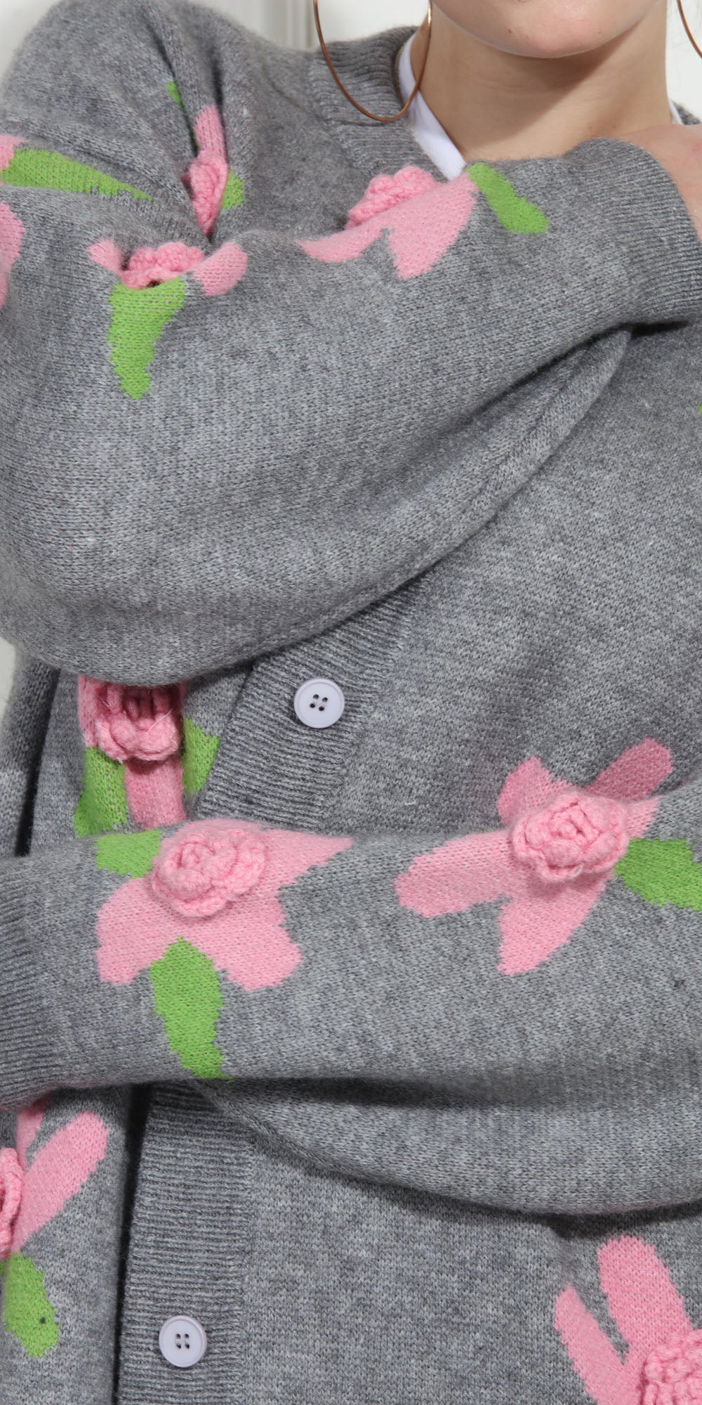 Luxe Moda LM265 - Silver Pink - Rose Knit Button Coat