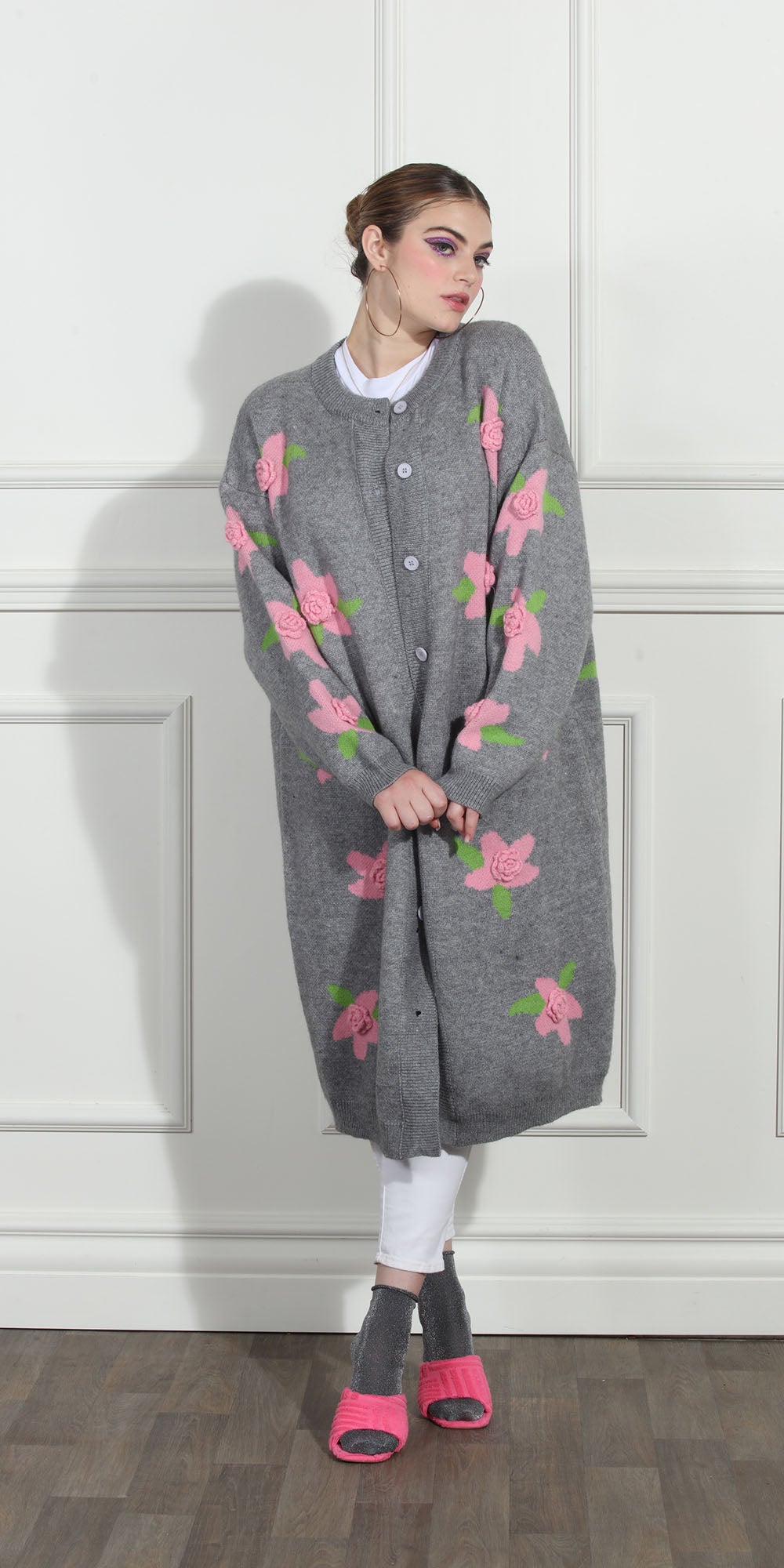 Luxe Moda LM265 - Silver Pink - Rose Knit Button Coat