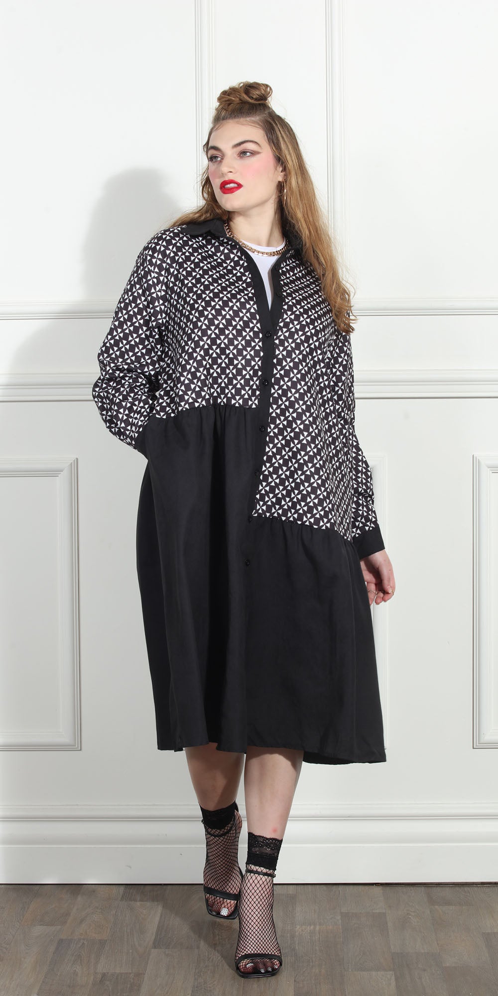 Luxe LM268 - Black White - Diamond Print Color-block Dress