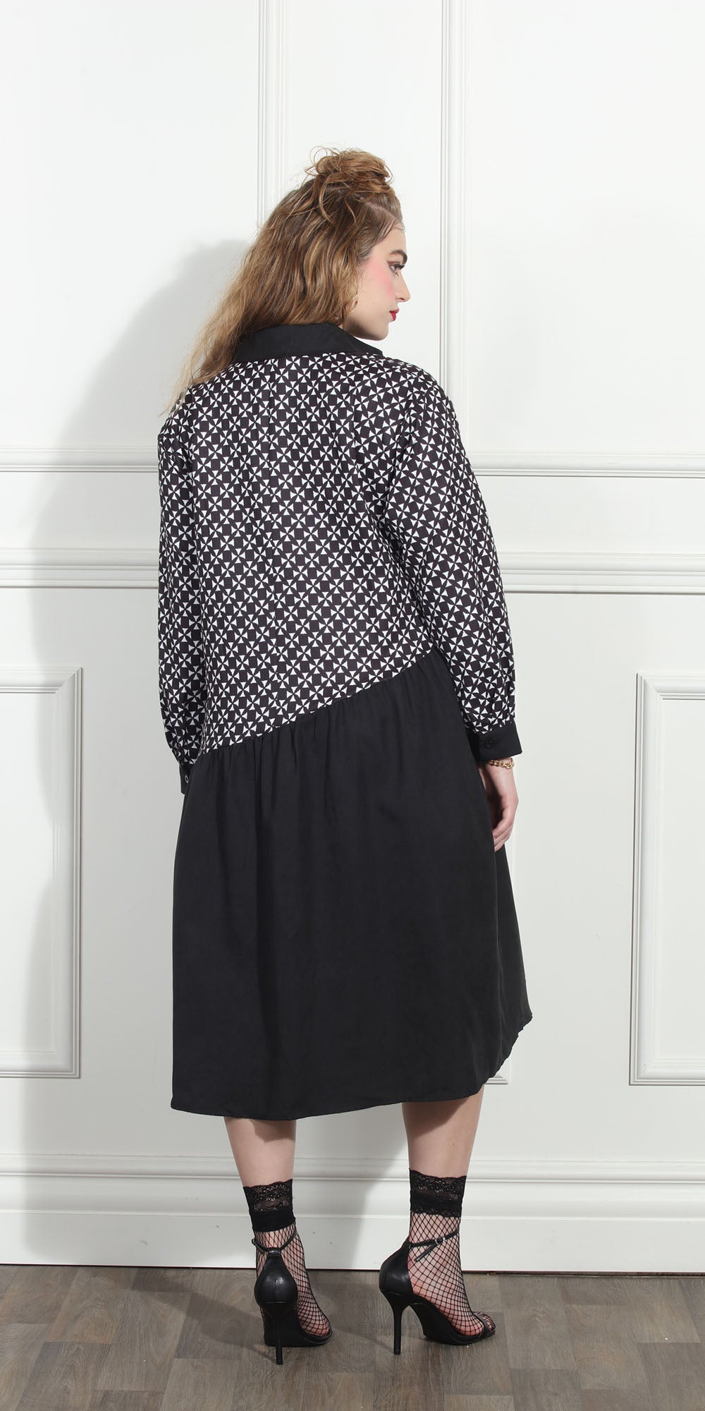 Luxe LM268 - Black White - Diamond Print Color-block Dress