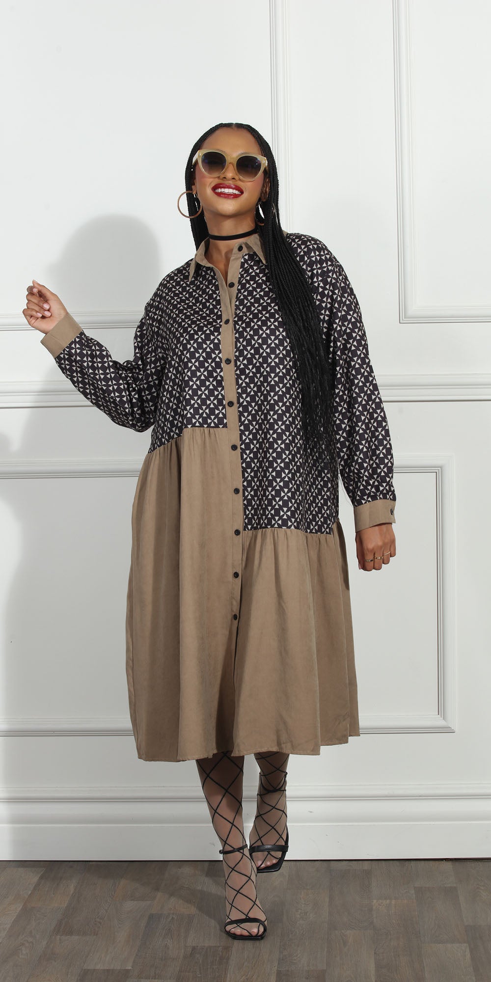 Luxe LM268 - Coffee Brown - Diamond Print Color-block Dress