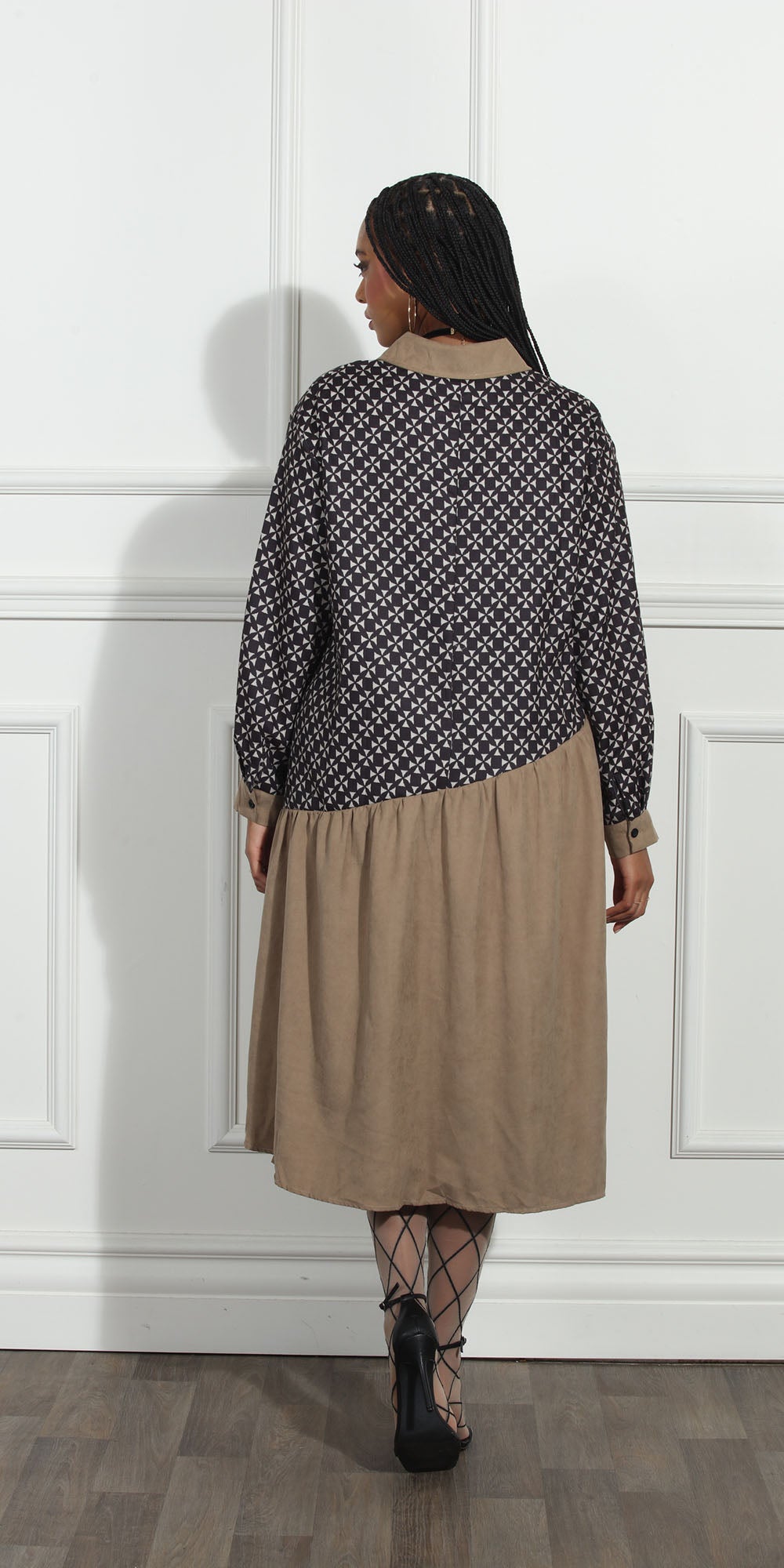 Luxe LM268 - Coffee Brown - Diamond Print Color-block Dress