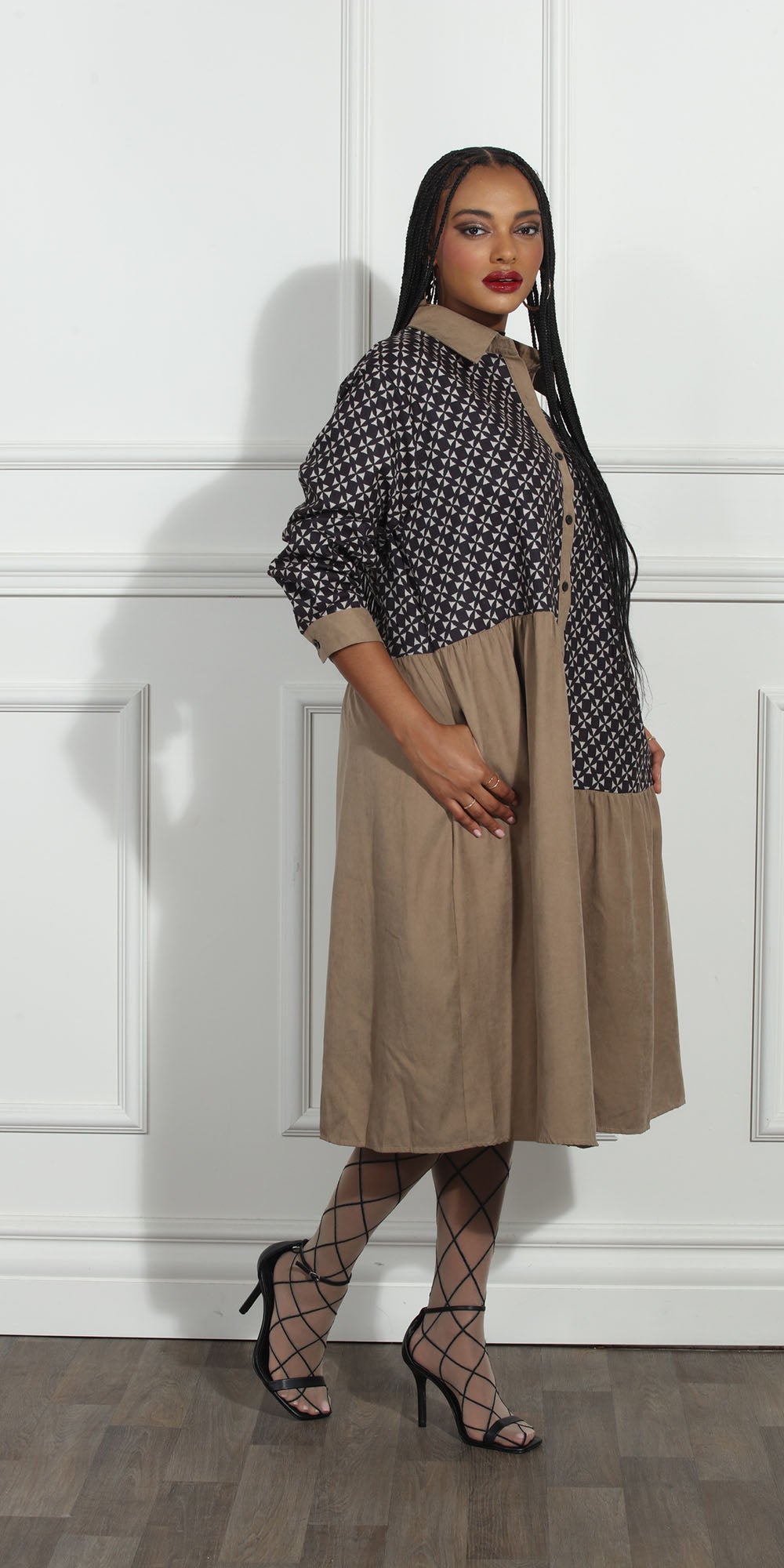 Luxe LM268 - Coffee Brown - Diamond Print Color-block Dress