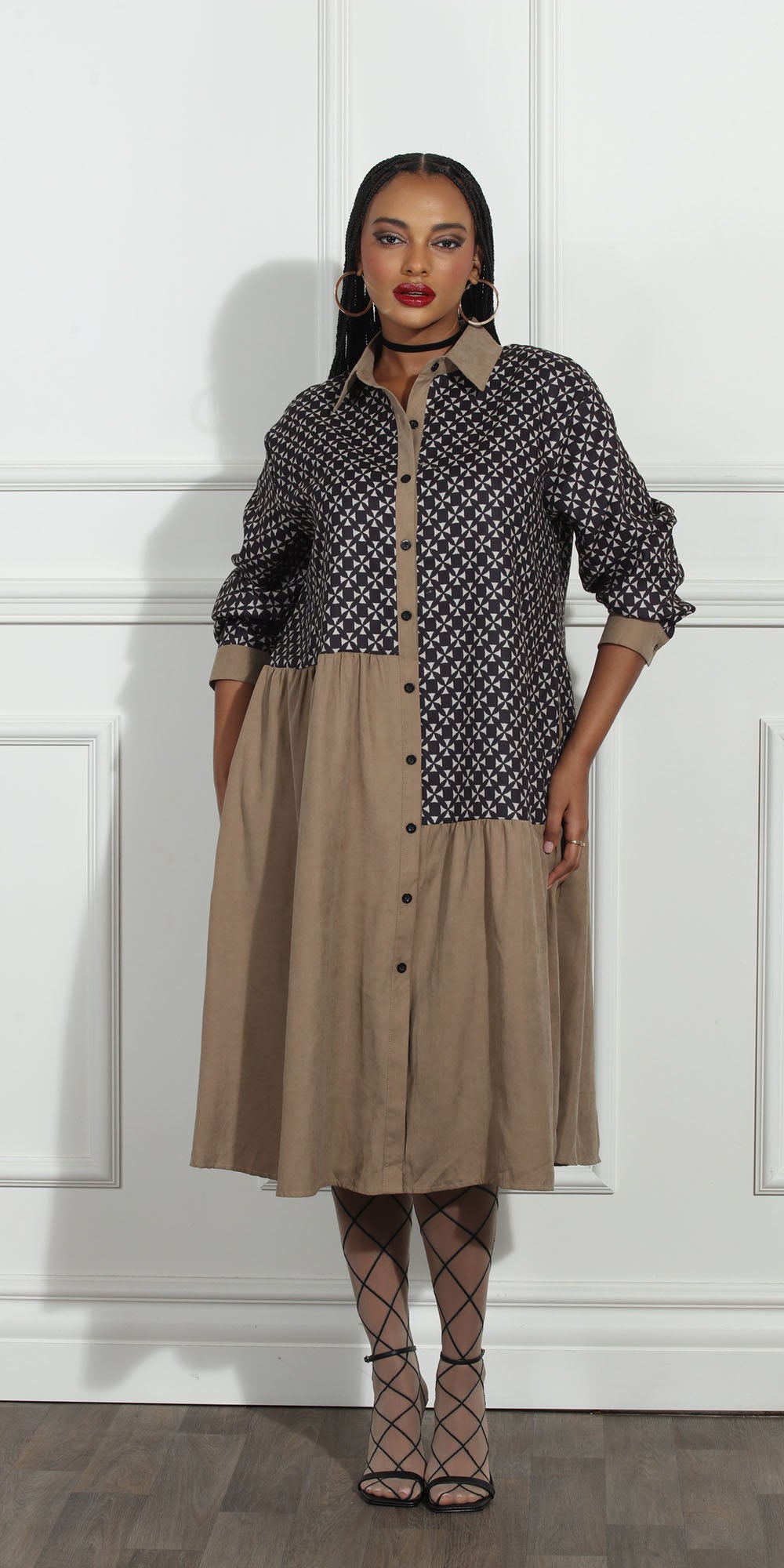 Luxe LM268 - Coffee Brown - Diamond Print Color-block Dress