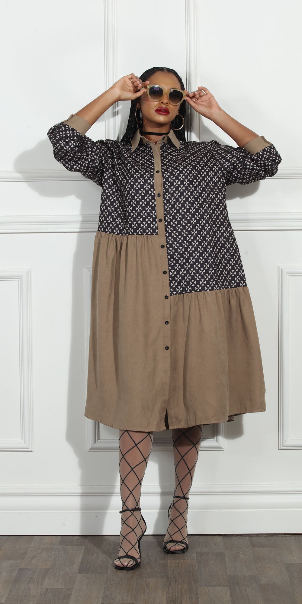 Luxe LM268 - Coffee Brown - Diamond Print Color-block Dress