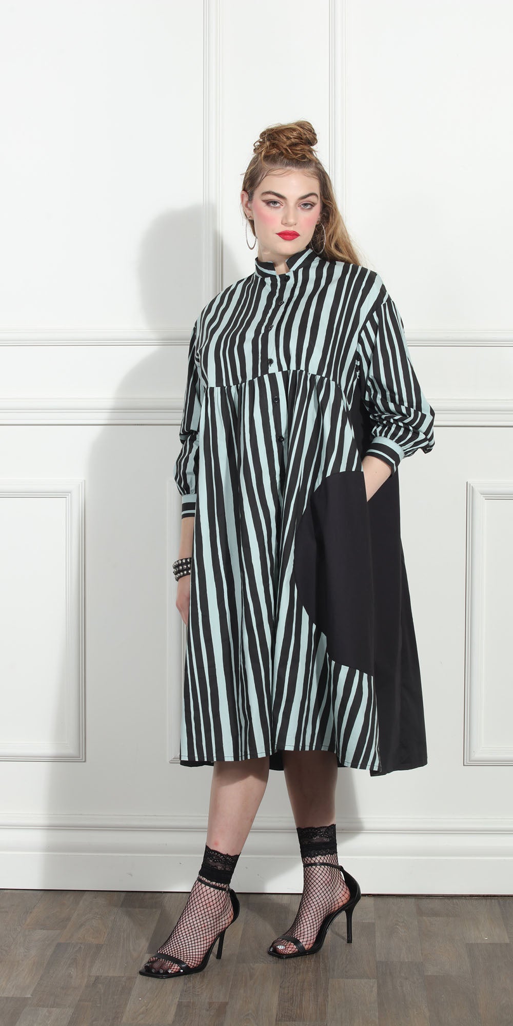 Luxe Moda LM269 - Lt. Blue Black - Stripe Button Front Dress