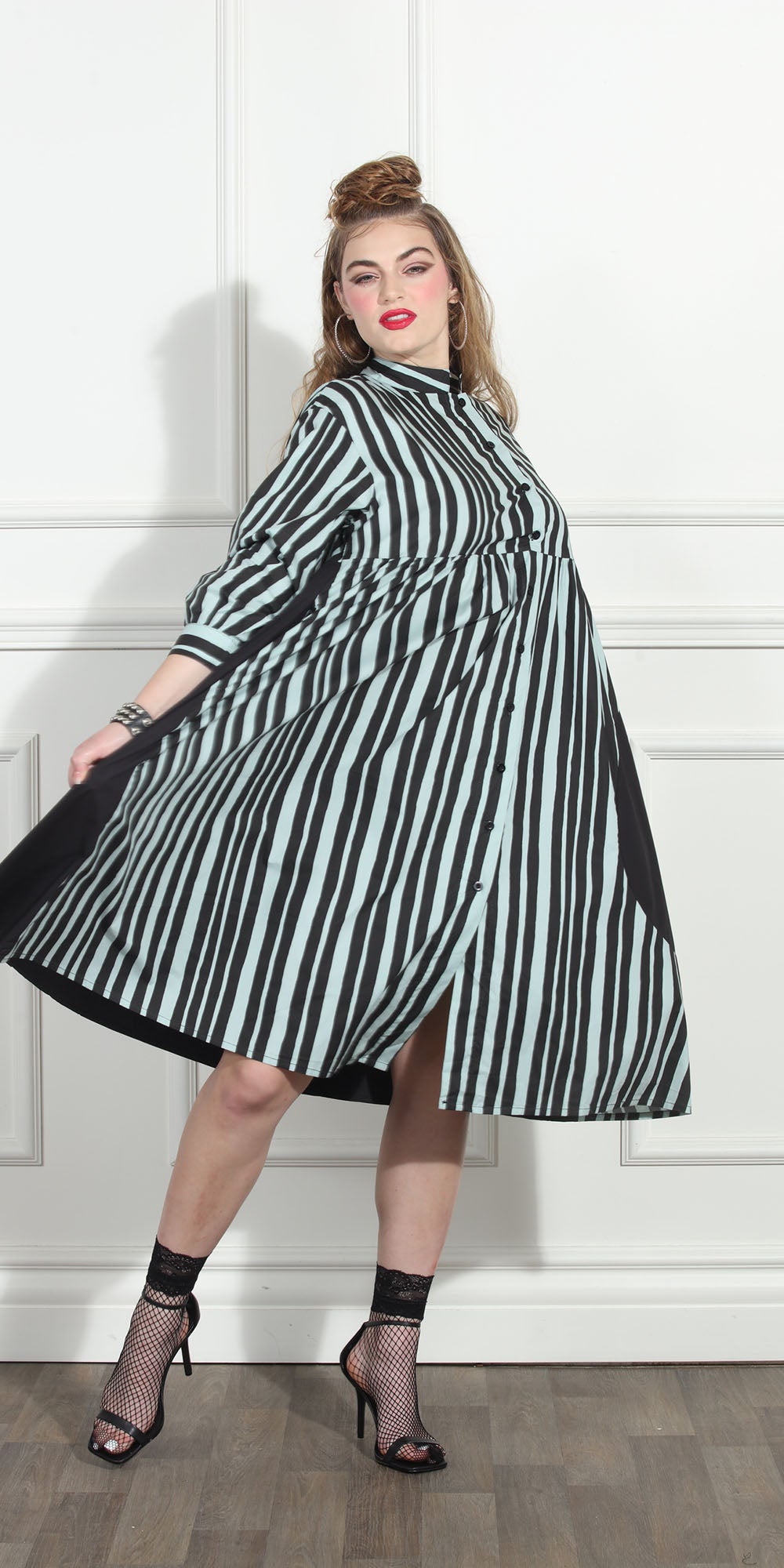 Luxe Moda LM269 - Lt. Blue Black - Stripe Button Front Dress