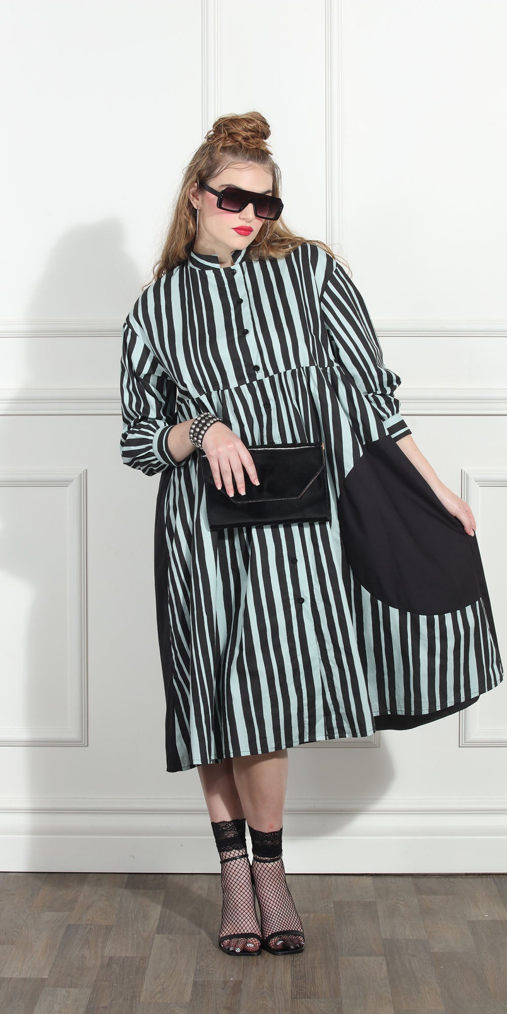 Luxe Moda LM269 - Lt. Blue Black - Stripe Button Front Dress