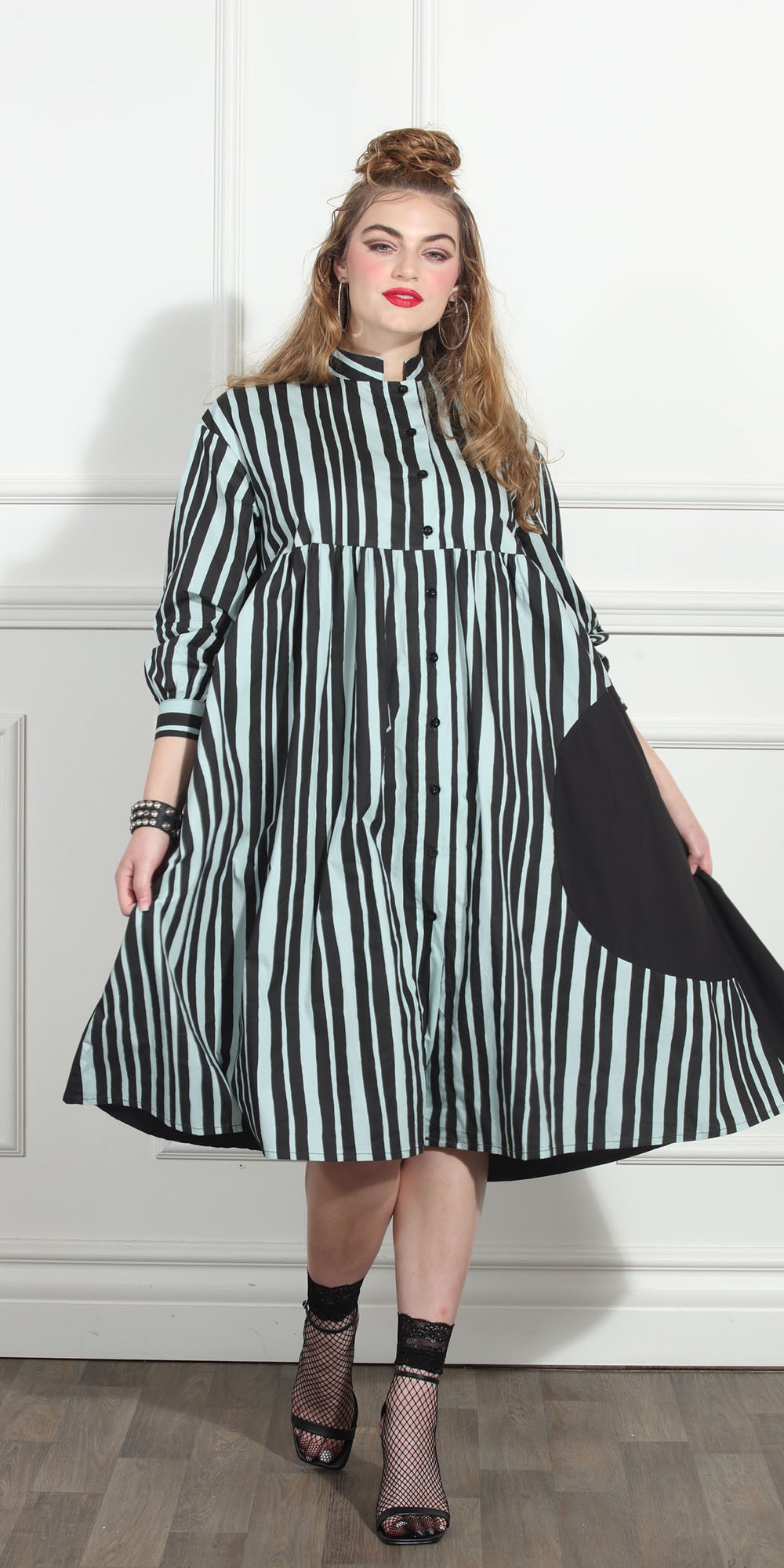 Luxe Moda LM269 - Lt. Blue Black - Stripe Button Front Dress