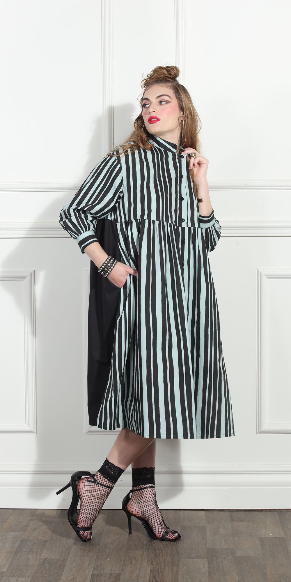 Luxe Moda LM269 - Lt. Blue Black - Stripe Button Front Dress