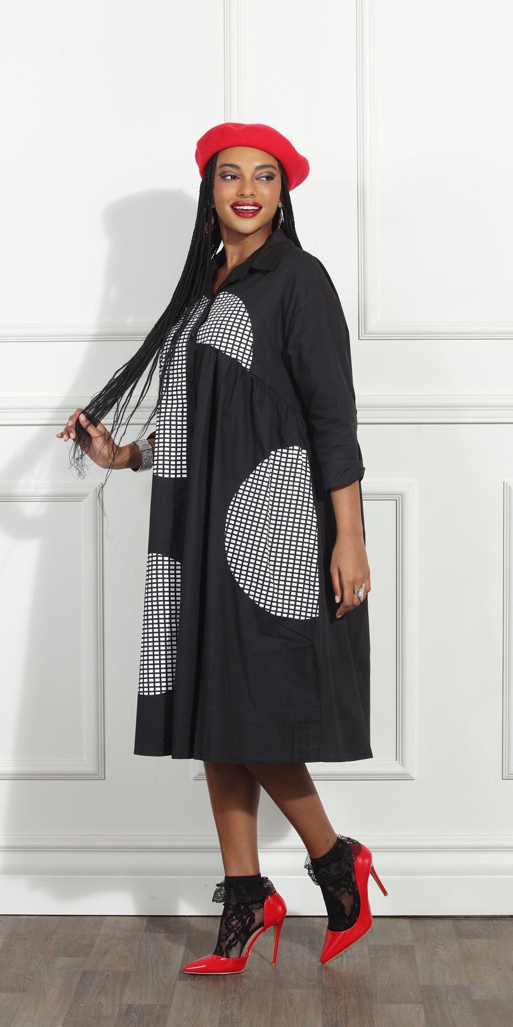 Luxe Moda LM270 - Black White - Circle Print Button Front Dress