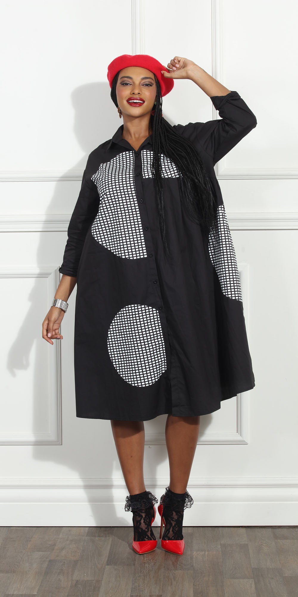 Luxe Moda LM270 - Black White - Circle Print Button Front Dress