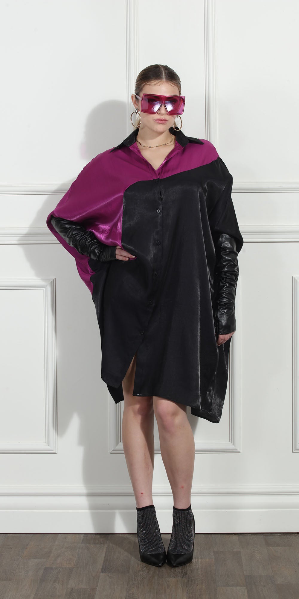 Luxe Moda LM272 - Black Wine - Color-block Button Front Dress