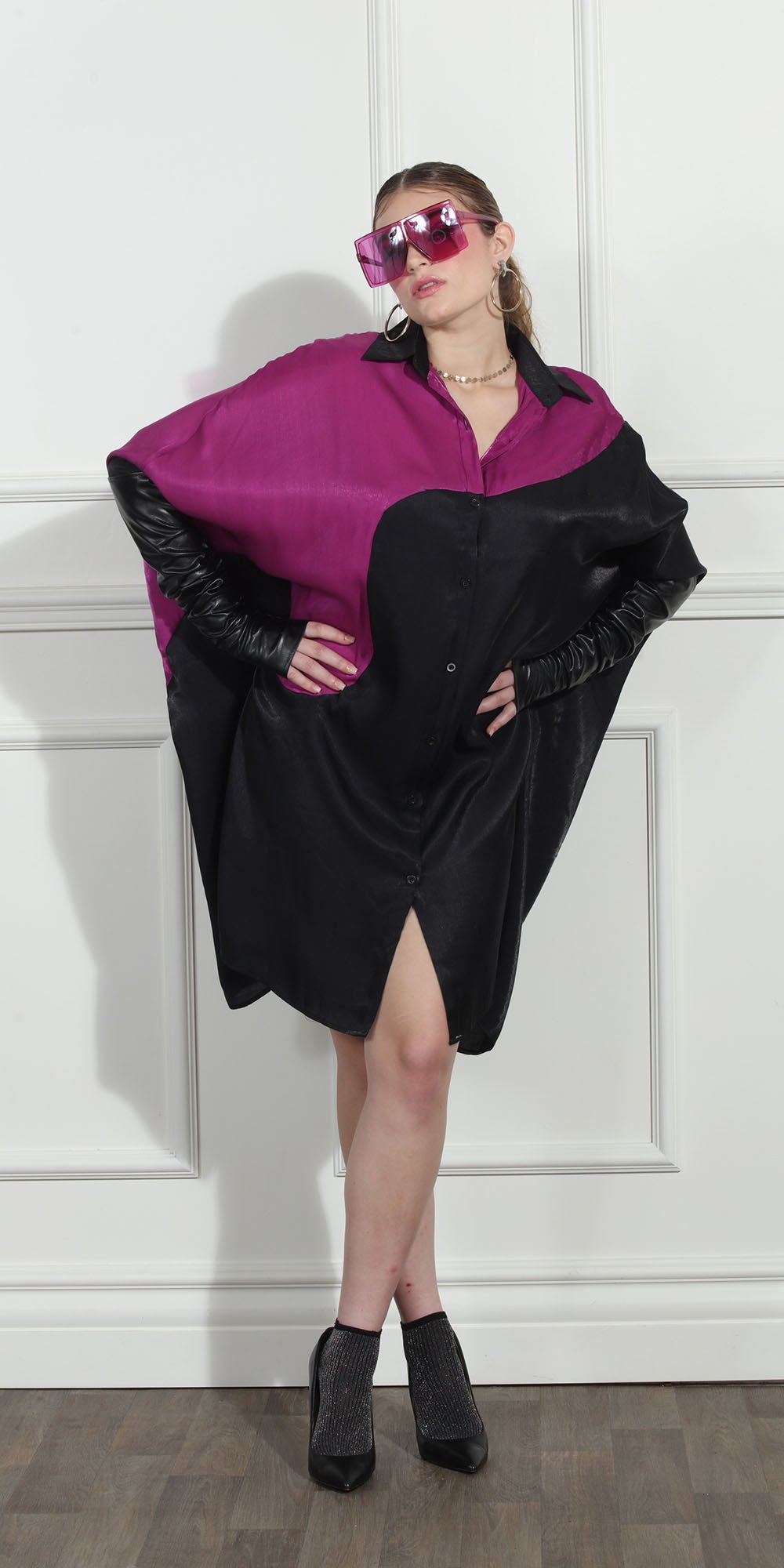 Luxe Moda LM272 - Black Wine - Color-block Button Front Dress