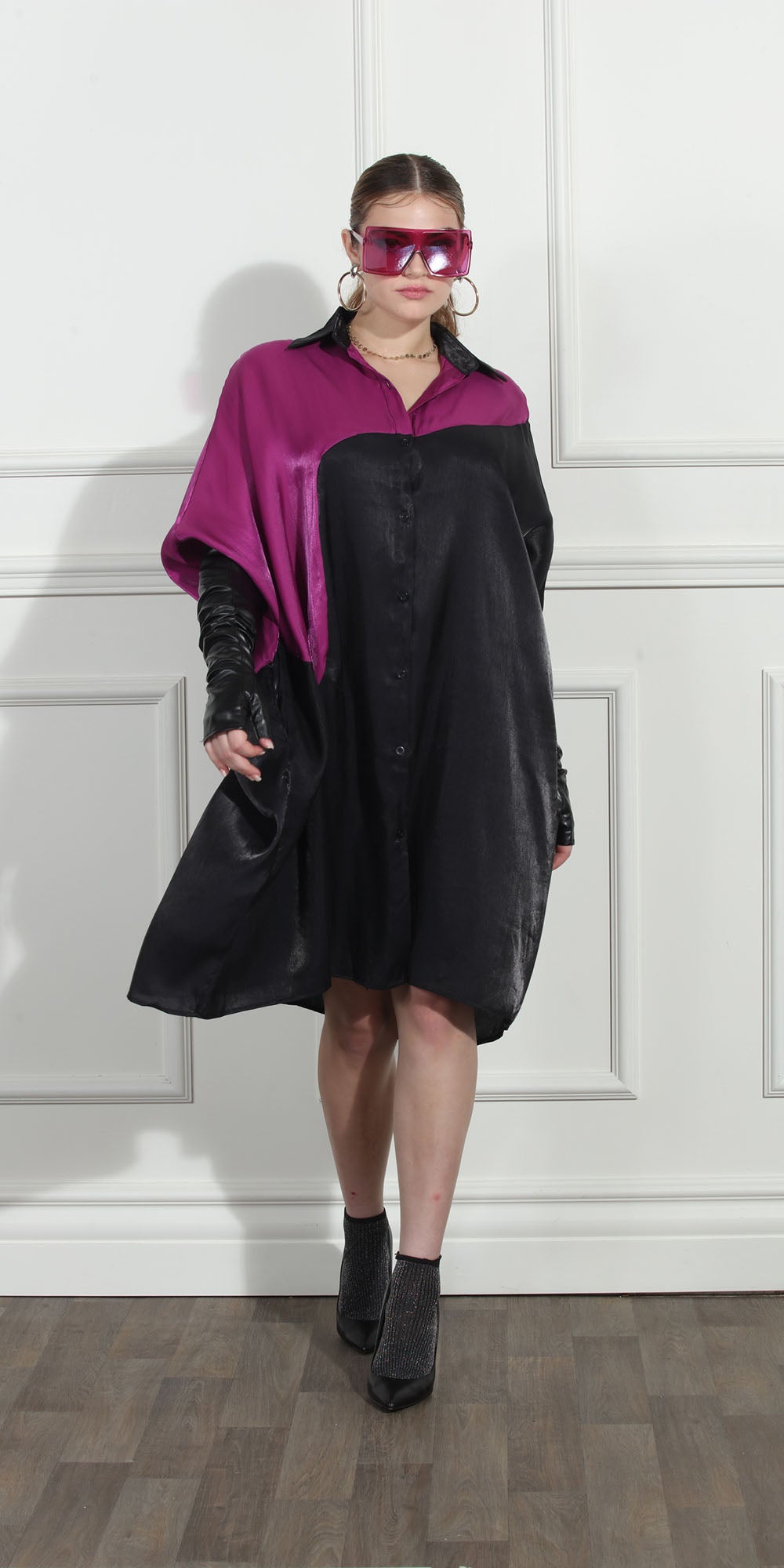 Luxe Moda LM272 - Black Wine - Color-block Button Front Dress