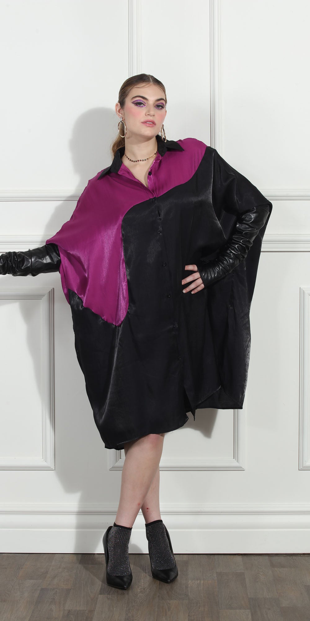 Luxe Moda LM272 - Black Wine - Color-block Button Front Dress