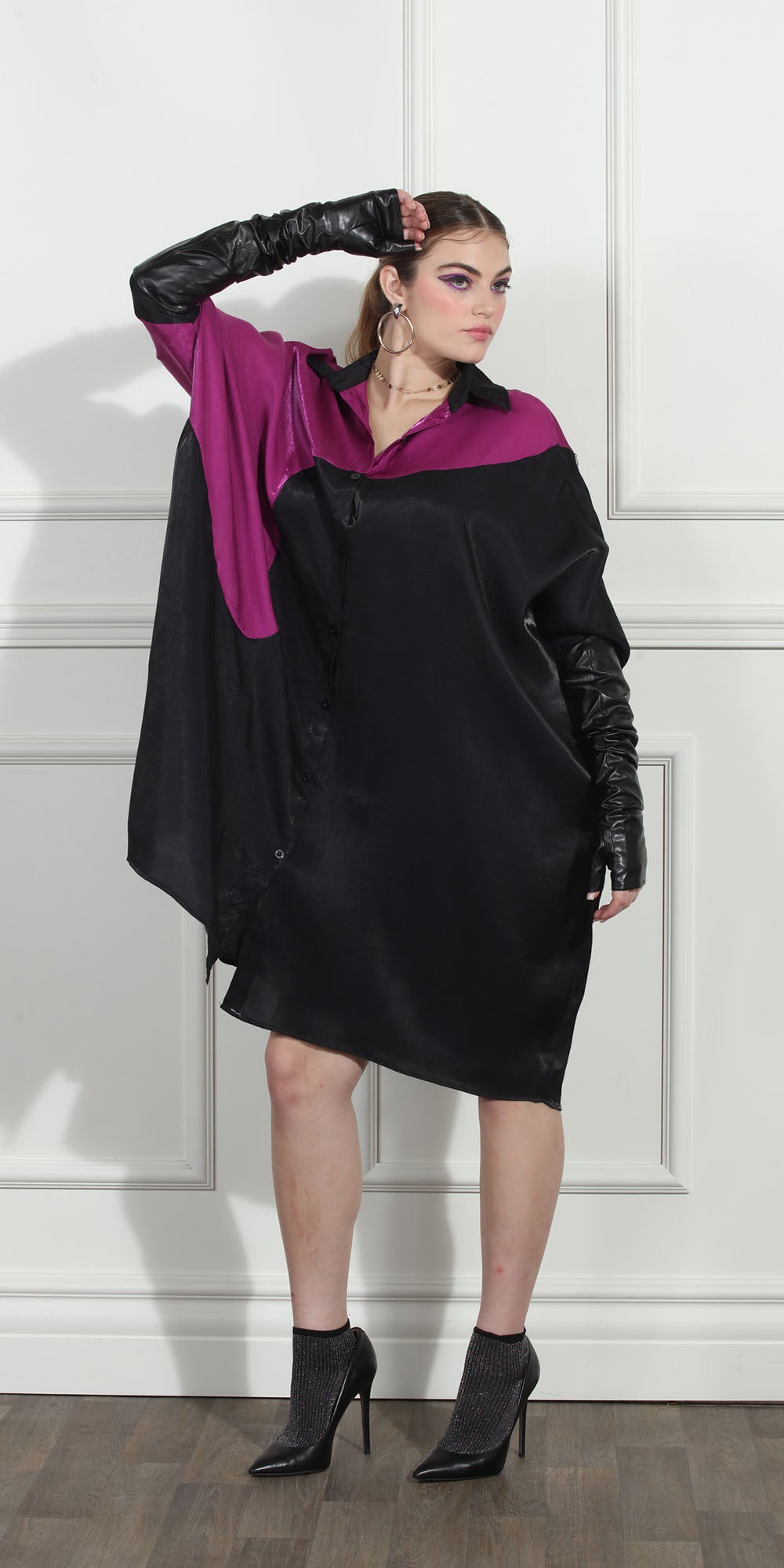 Luxe Moda LM272 - Black Wine - Color-block Button Front Dress