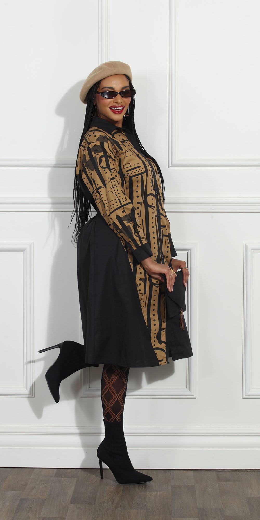 Luxe Moda LM273 - Black Gold - Two-tone Print Button Front Dress