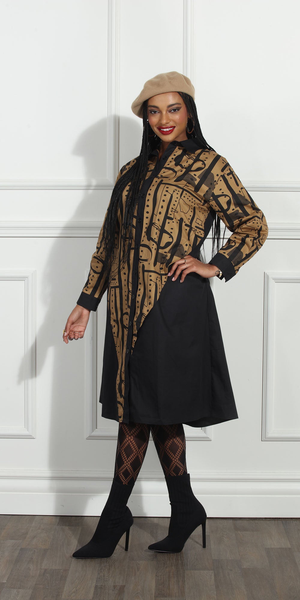 Luxe Moda LM273 - Black Gold - Two-tone Print Button Front Dress