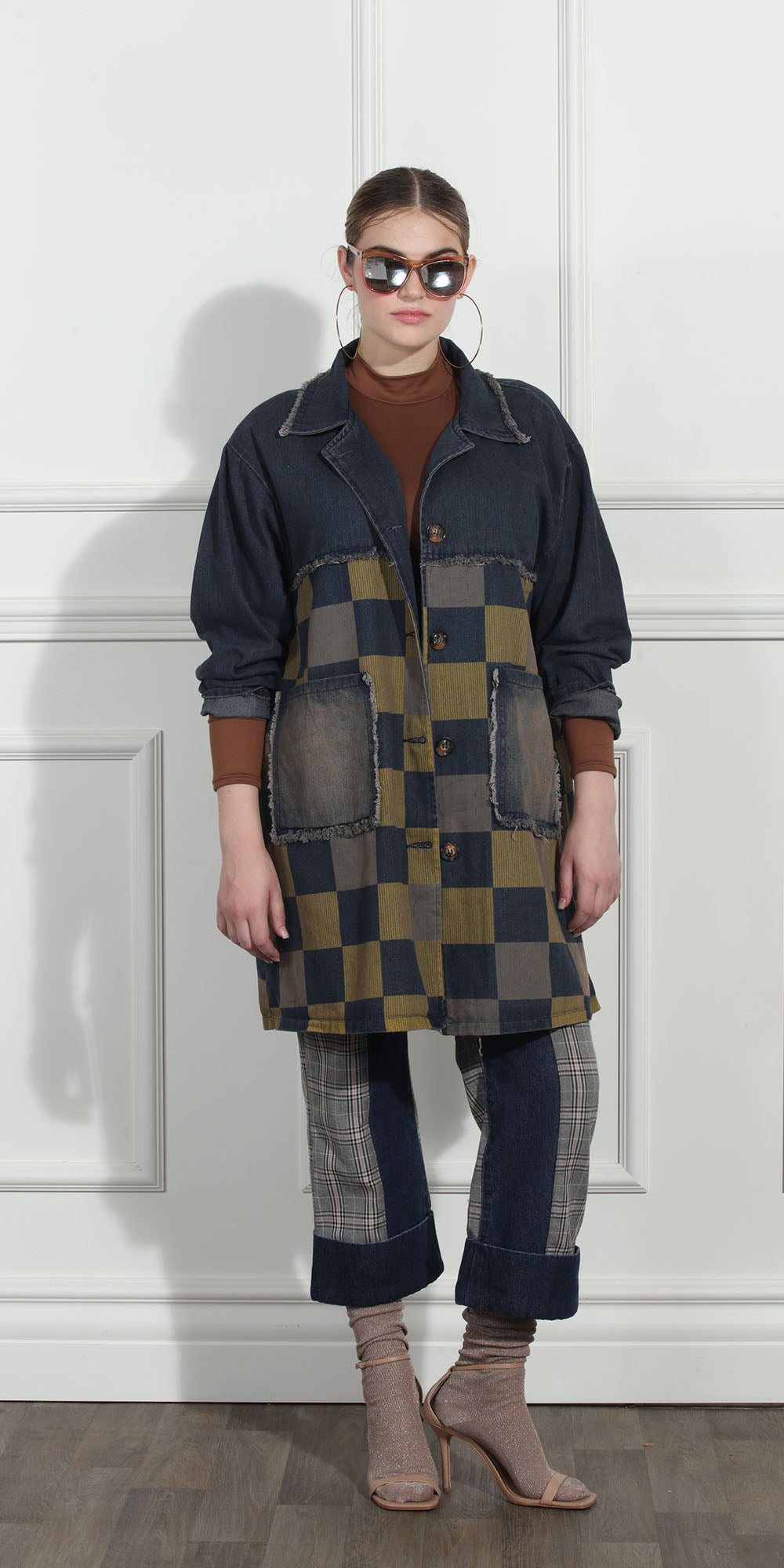 Luxe Moda LM274 - Denim - Checker Print Denim Jacket