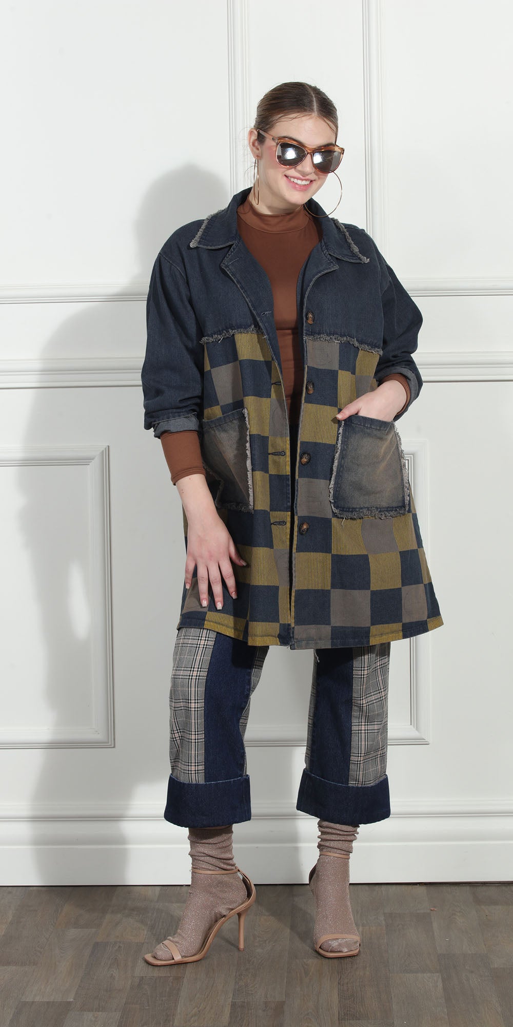 Luxe Moda LM274 - Denim - Checker Print Denim Jacket
