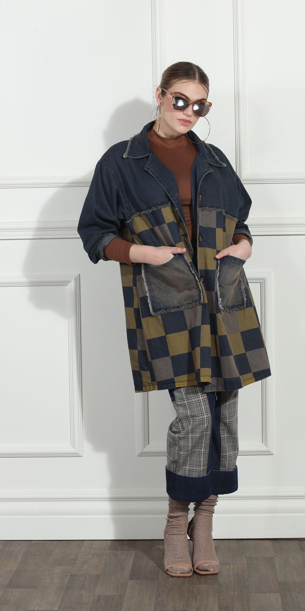 Luxe Moda LM274 - Denim - Checker Print Denim Jacket