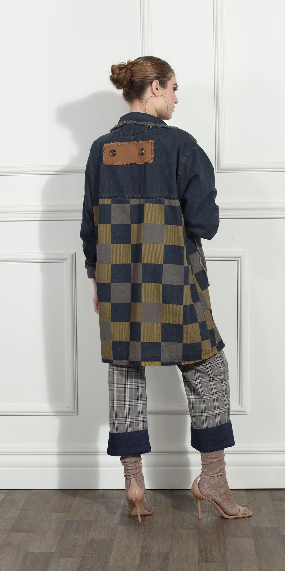 Luxe Moda LM274 - Denim - Checker Print Denim Jacket