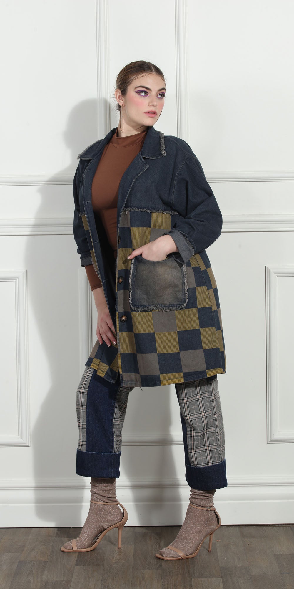 Luxe Moda LM274 - Denim - Checker Print Denim Jacket
